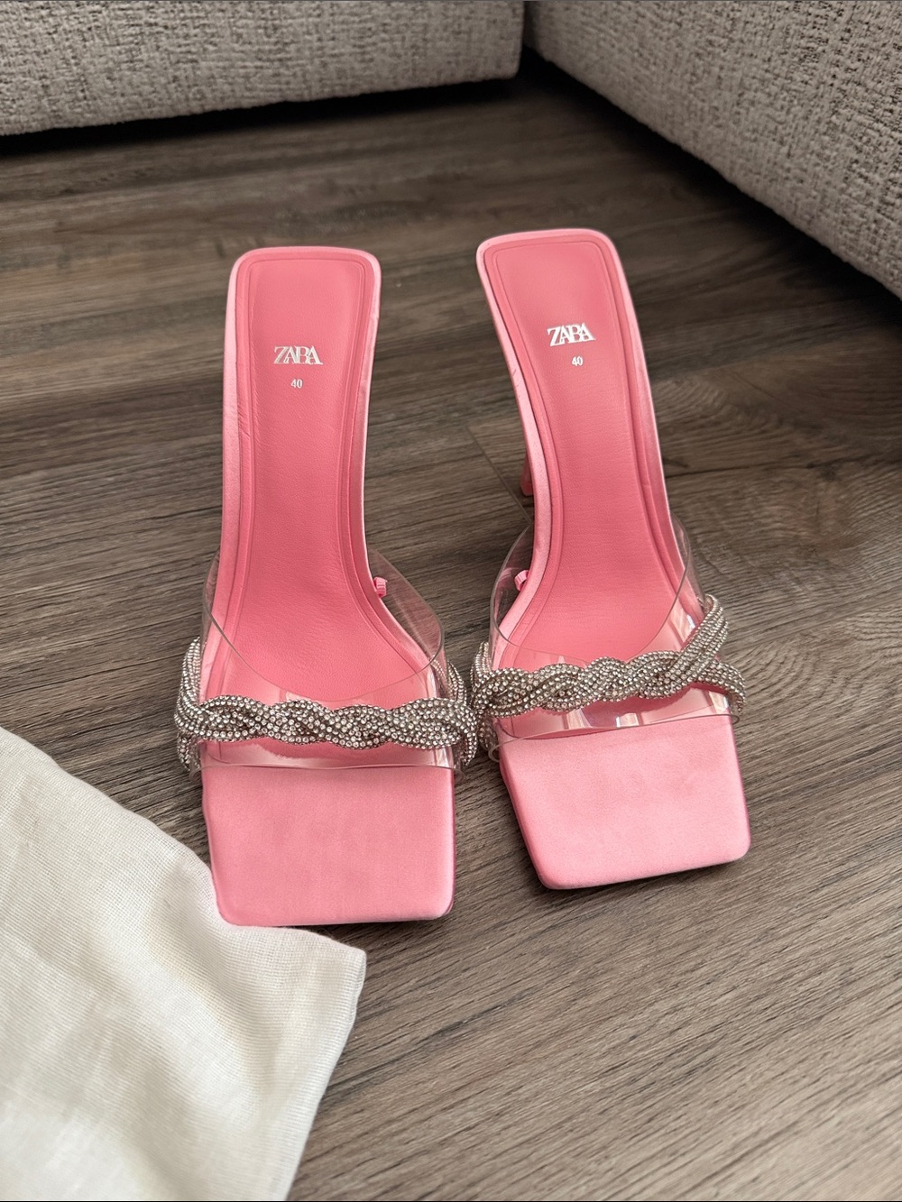 Zara Pink Crystal Braided-Strap Square Toe Slide Heels